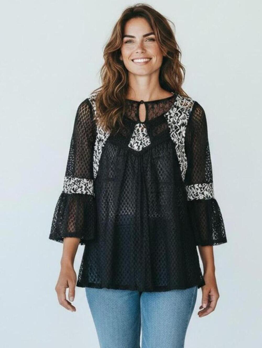 Alter'd State Lace Blouse Small Black Sheer Bell Sleeve Boho Romantic Top